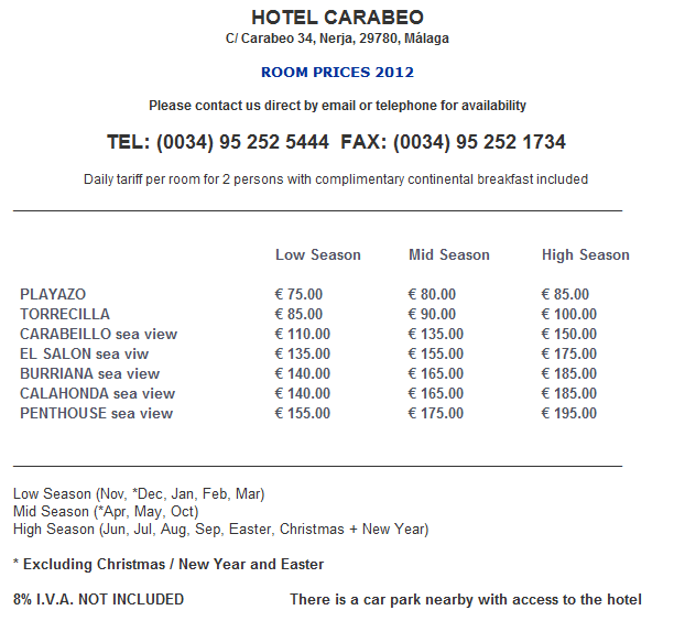 Hotel Carabeo & Restaurant 34 ROOM PRICES 2012